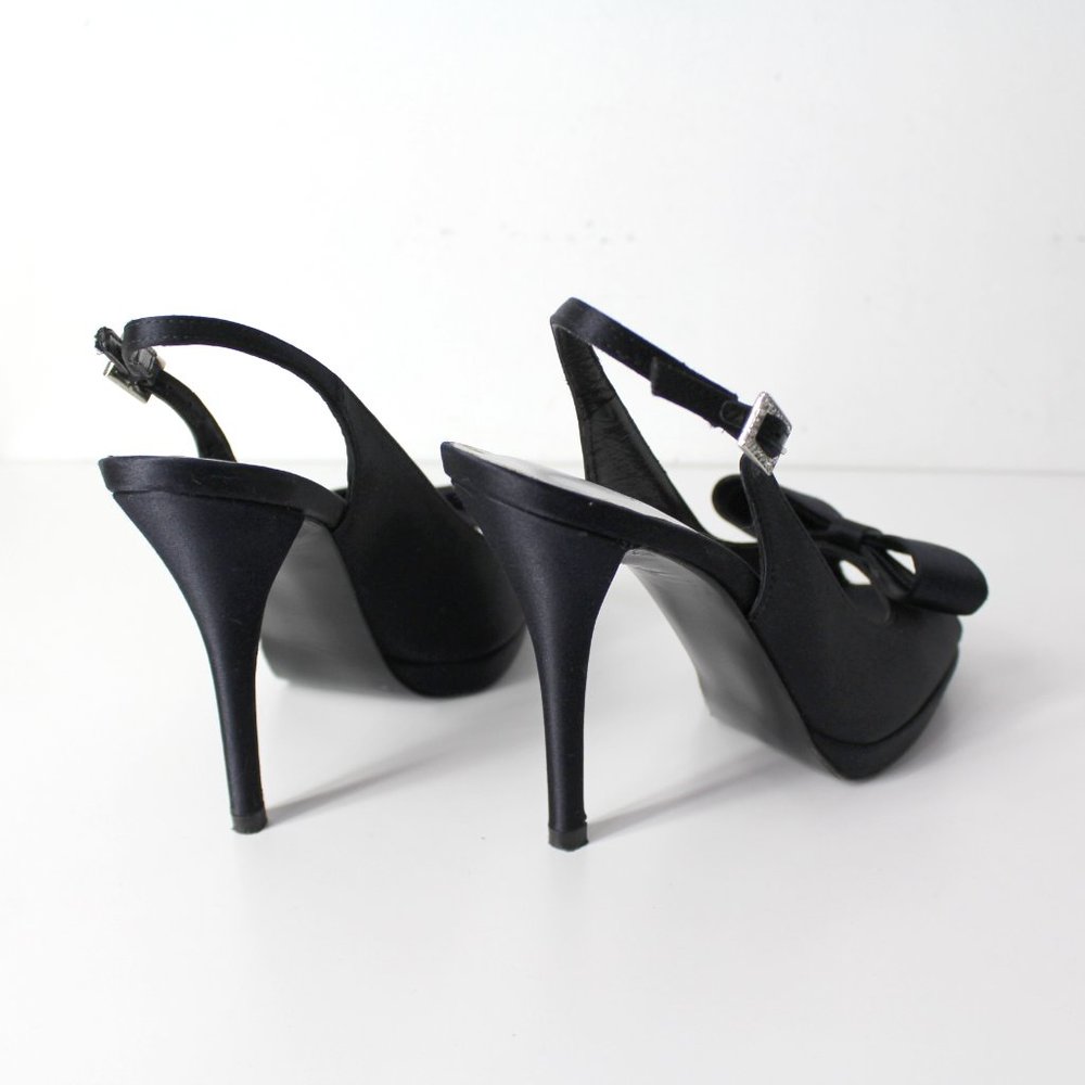 St John Black Satin Peep Toe Slingback Evening High Heels Bow Jeweled Shoes 6M - Picture 8 of 15